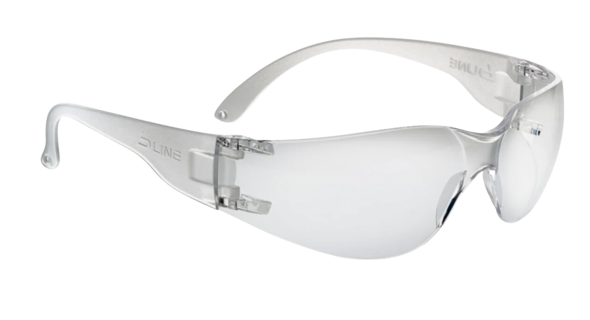 A pair of safety glasses with yellow frames and clear lenses