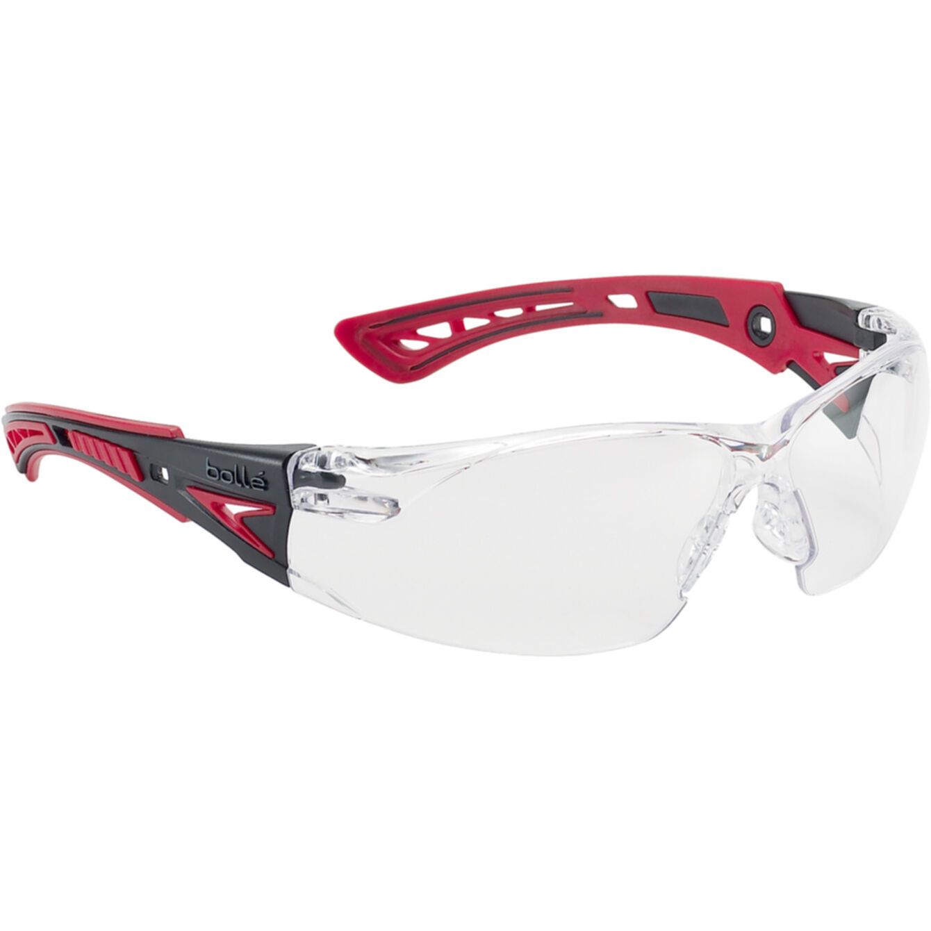 A pair of clear safety goggles with a black strap on a white background.