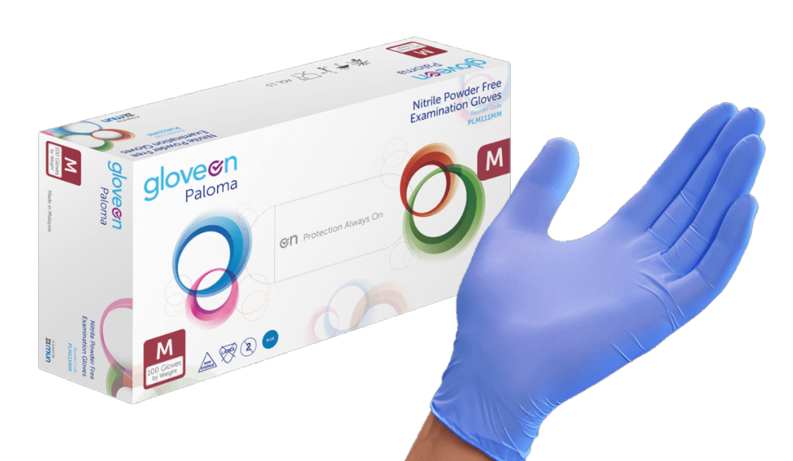 A box of gloves with a blue and pink design on a white background.