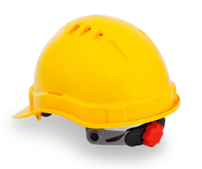 A yellow hard hat with a red button on the back