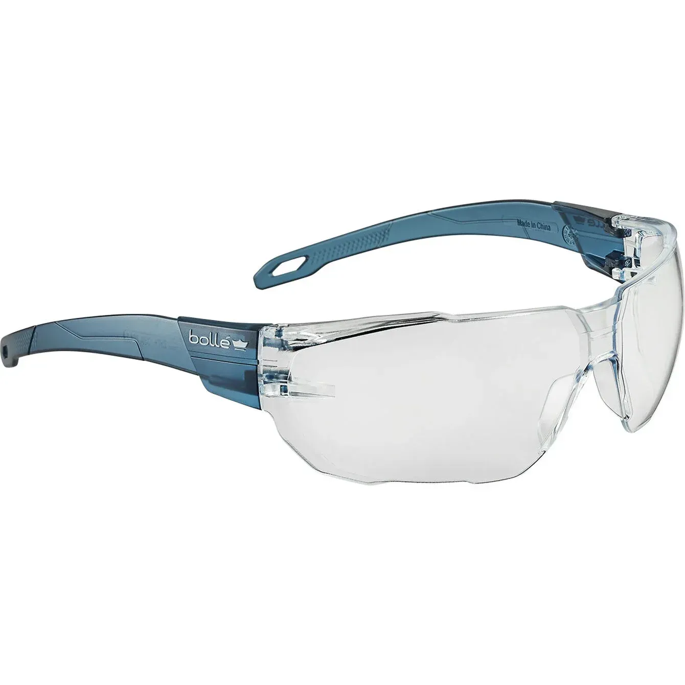 A pair of safety glasses with clear lenses on a white background