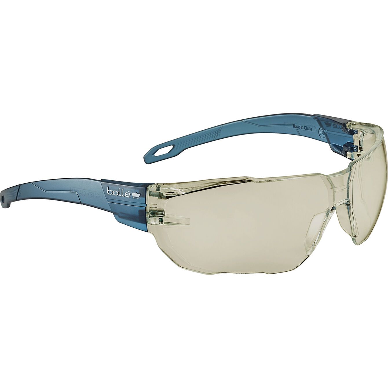 A pair of safety glasses with clear lenses on a white background.