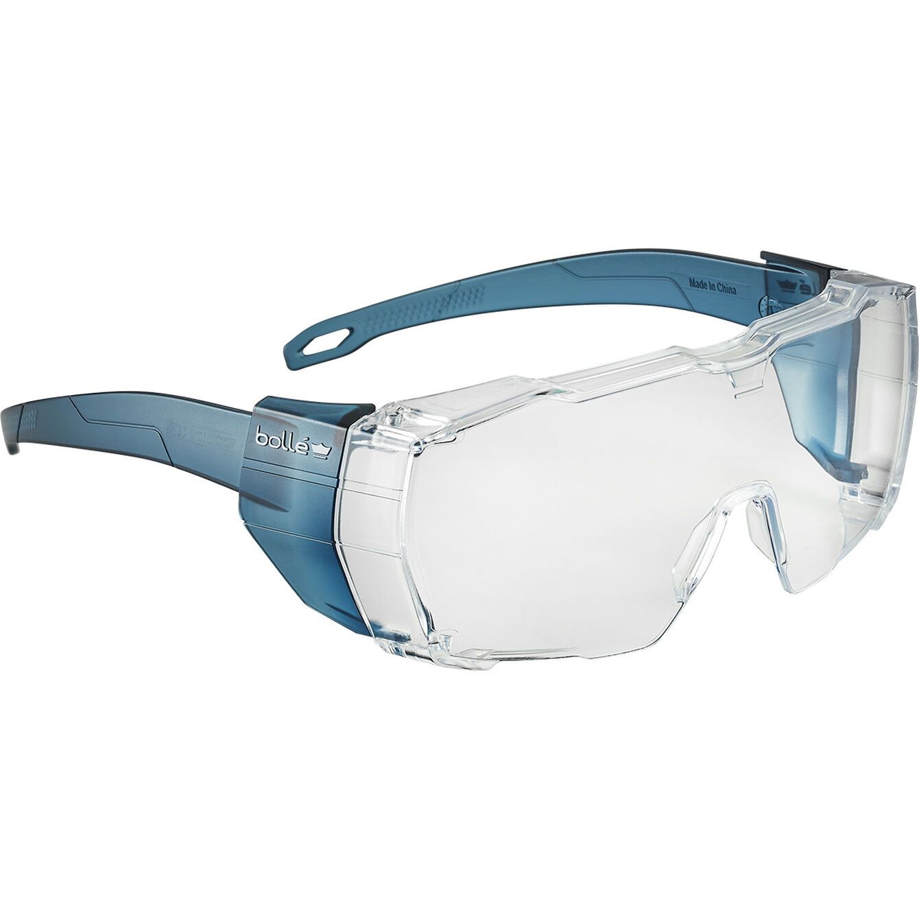 A pair of safety glasses with clear lenses on a white background.