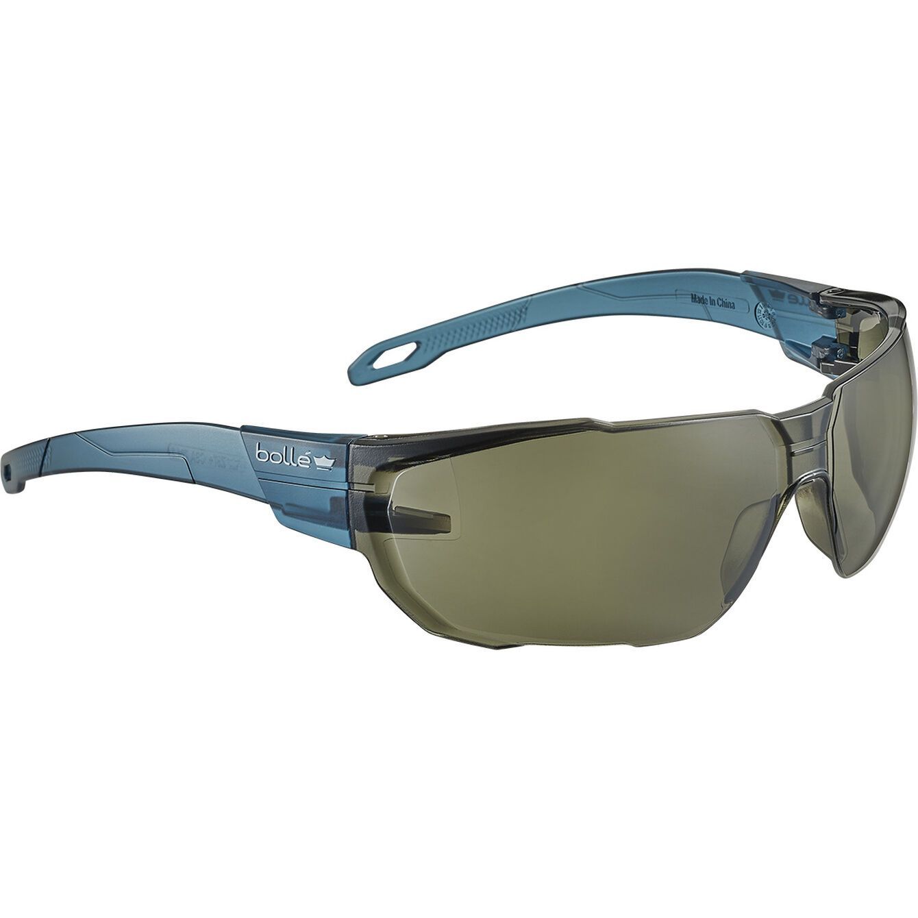 A pair of safety glasses with a gray lens on a white background