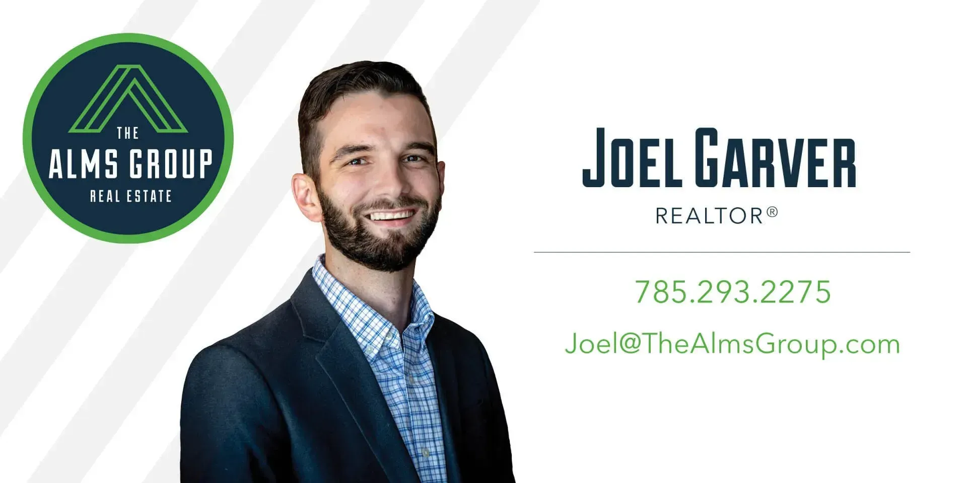 Alms Group real estate promo featuring Joel Garver, smiling beside logo and contact info on white background