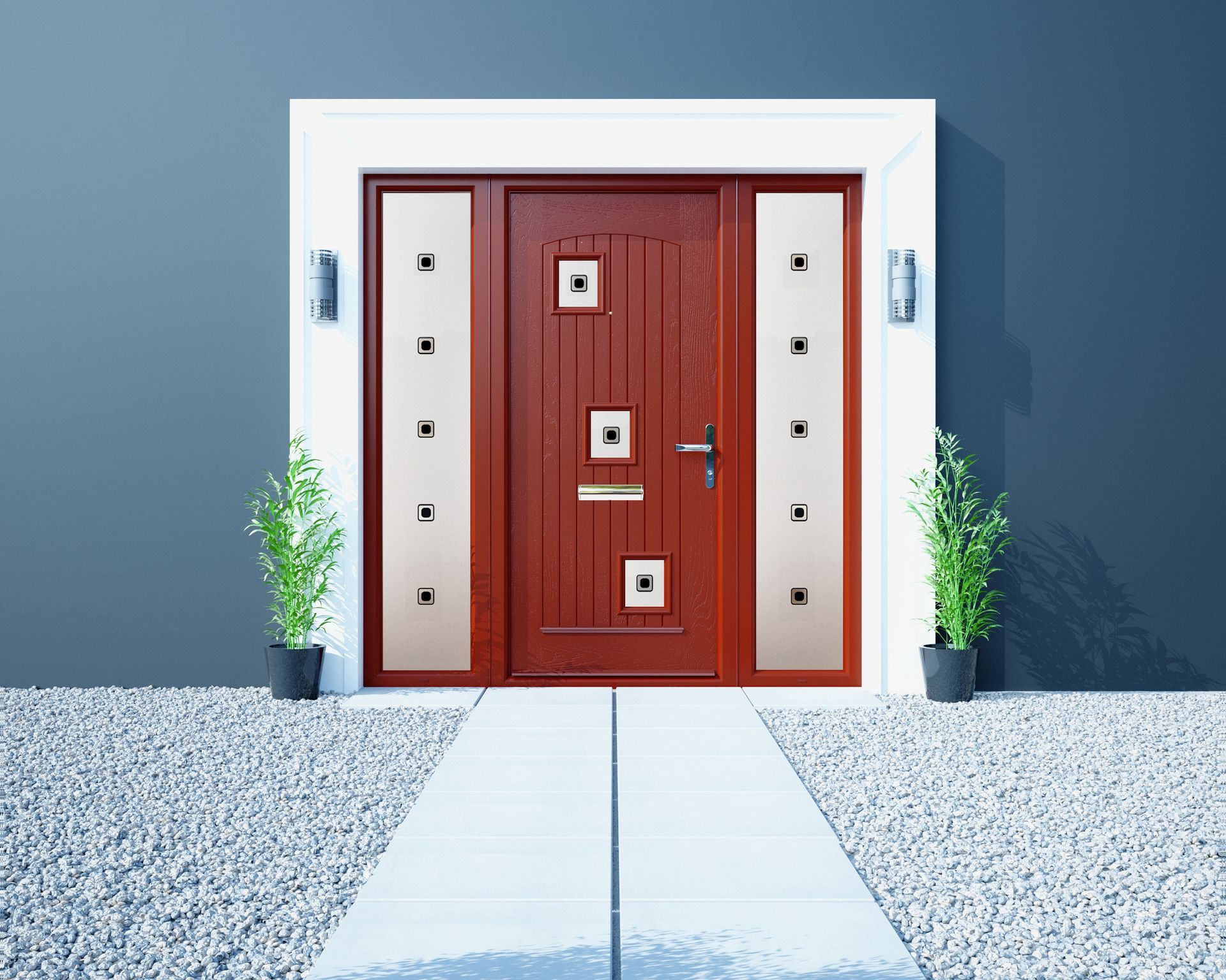 A red front door with a white trim and a concrete walkway leading to it.