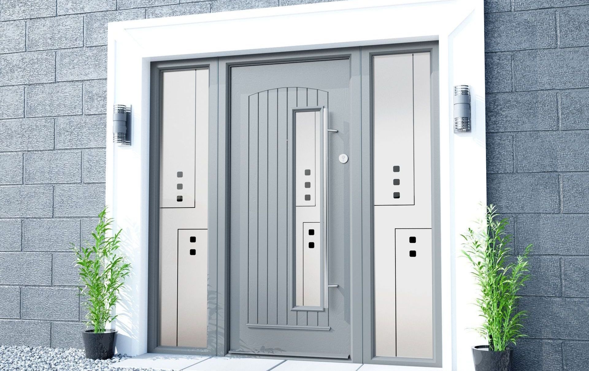 A gray door with a white trim is on a brick wall.