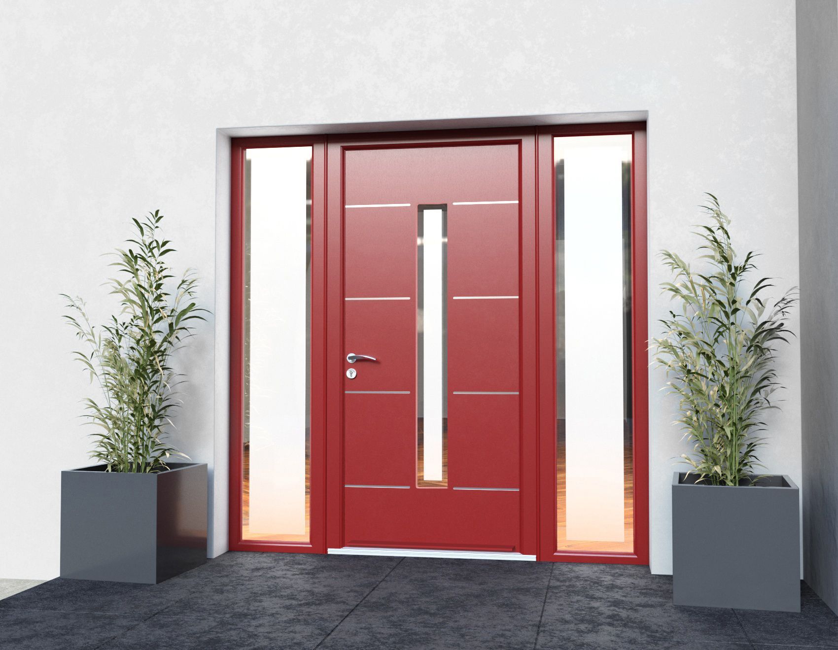 A red door with two potted plants in front of it