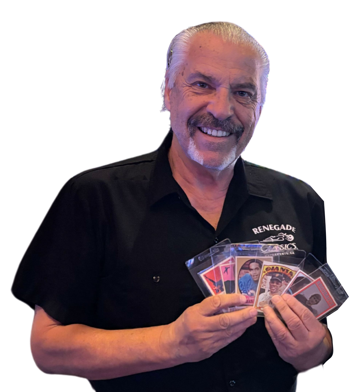 Man smiling, holding up encased cards. Black shirt, gray hair and mustache, cards visible.