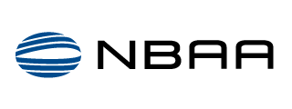 A logo for nbaa with a blue and white striped ball on a white background.