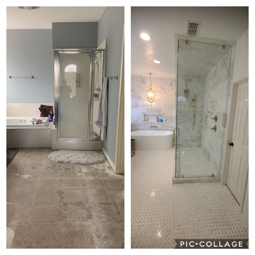 Before and after bathroom remodel: light blue to marble walls, glass shower, and white tile floor.