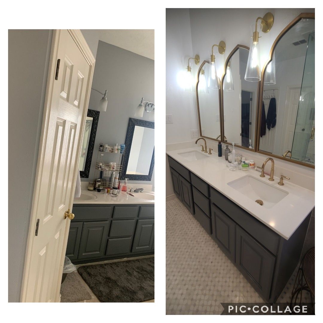 A bathroom before and after renovation. Gray cabinets, white countertop, gold accents, and tile flooring.