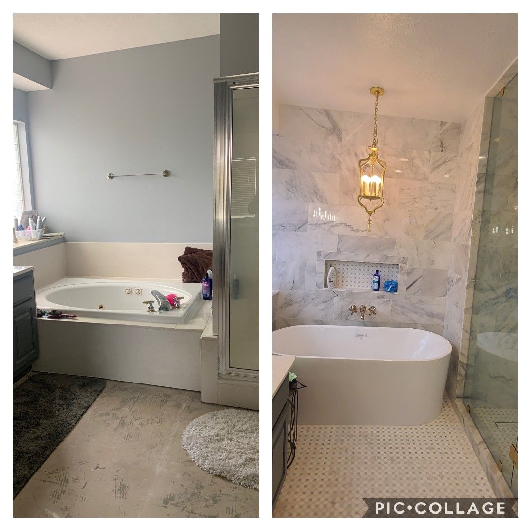 Bathroom renovation: Before and after. White marble, new tub, gold fixtures, and patterned floor.