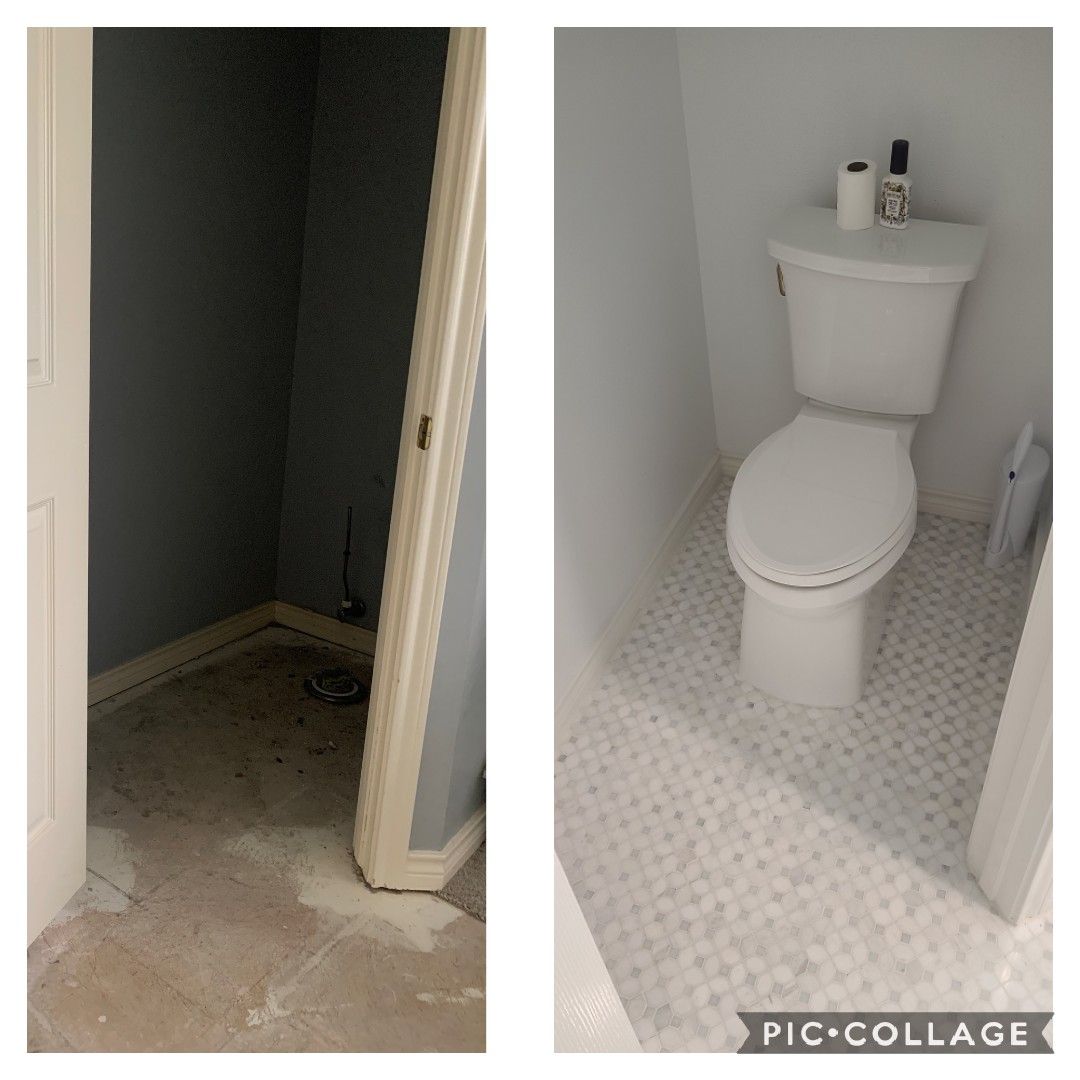 Before and after of a small bathroom renovation: bare space to a newly tiled, white-walled bathroom with a toilet.