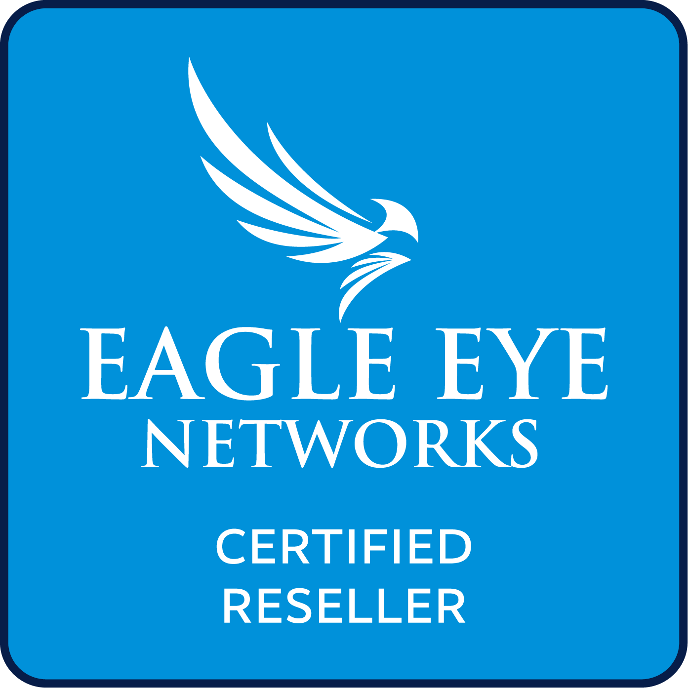 Blue square with a white eagle logo and text: