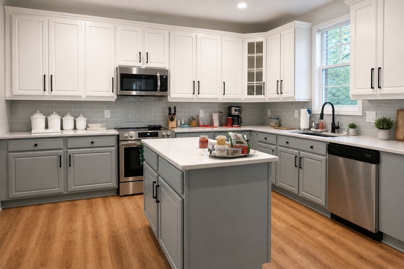 Bright modern kitchen with white cabinets, gray island, stainless appliances, and wood floors.