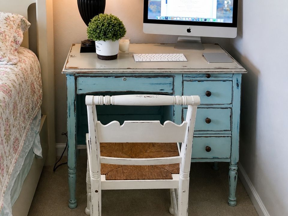 Blue desk with iMac, keyboard, plant, and white chair in a small bedroom workspace