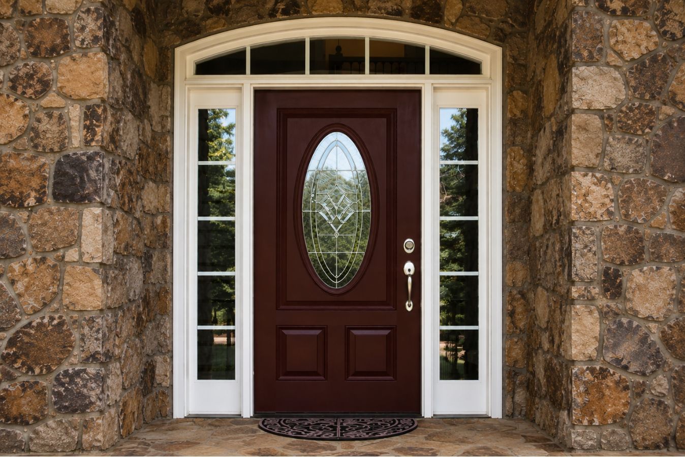 Front entry with a dark wood door, oval glass panel, sidelights, and stone exterior wall.