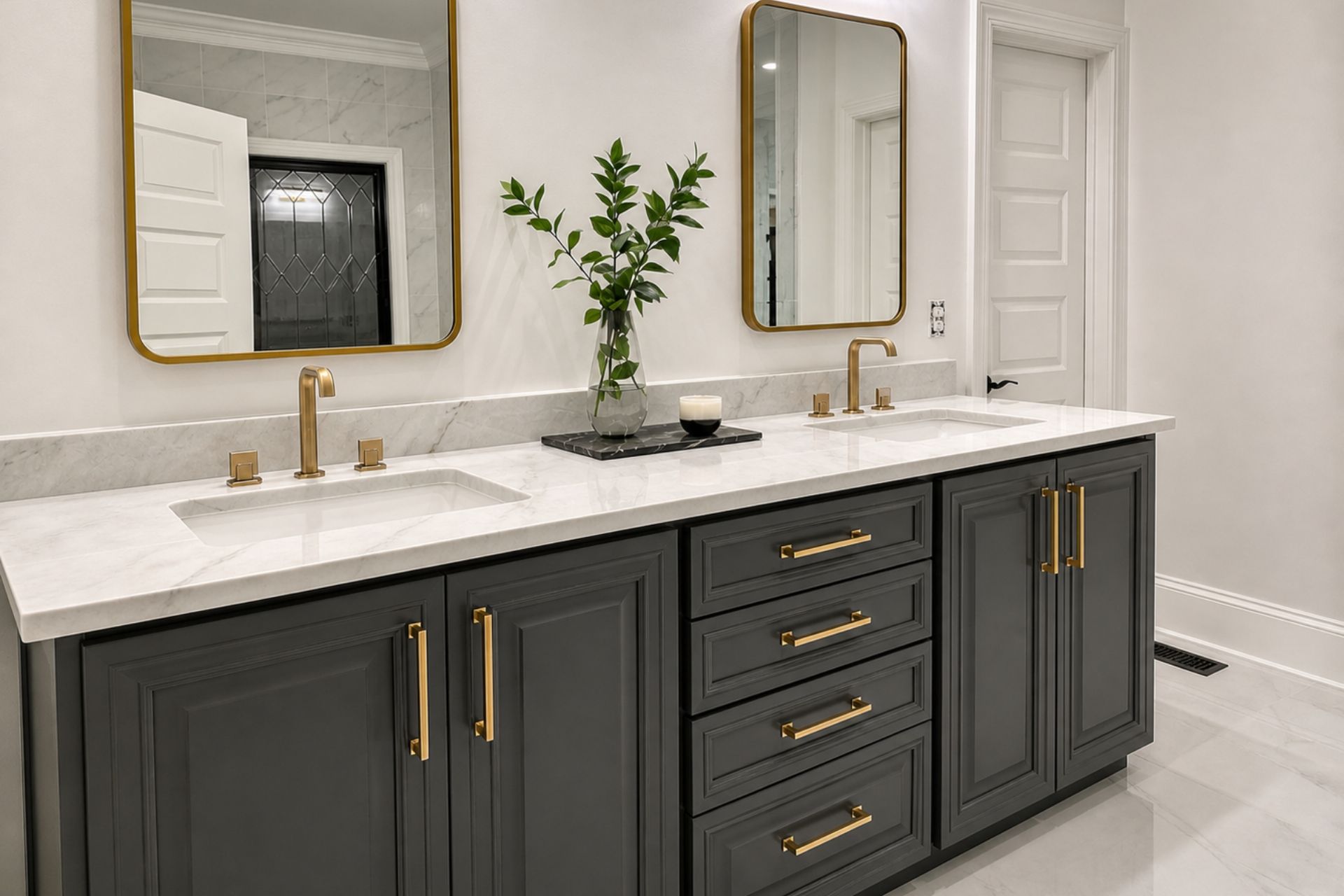 Modern bathroom vanity with dark gray cabinets, white countertop, gold fixtures, and two mirrors