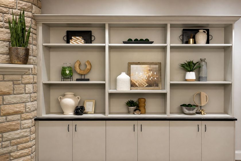 Built-in beige shelving with decorative vases, plants, and framed art above cabinets
