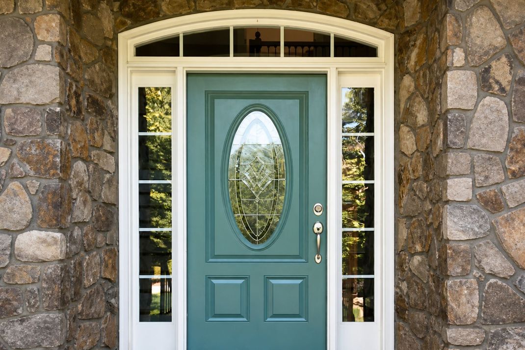 Teal front door with oval glass panel set in a stone entryway