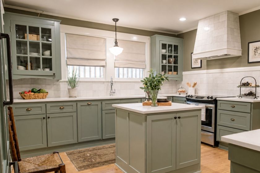 Modern kitchen with sage cabinets, white countertops, island, and hanging light fixtures