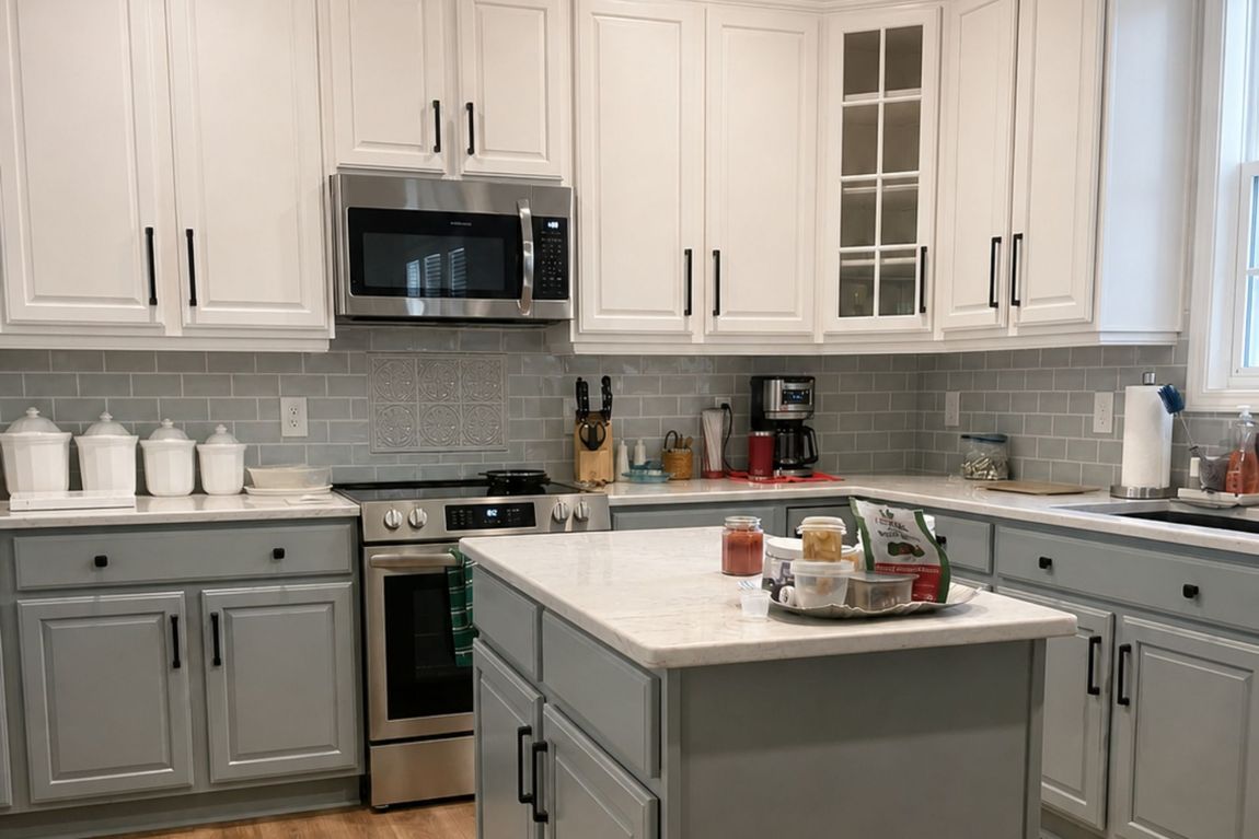 Bright white kitchen with gray island, stainless appliances, and tiled backsplash