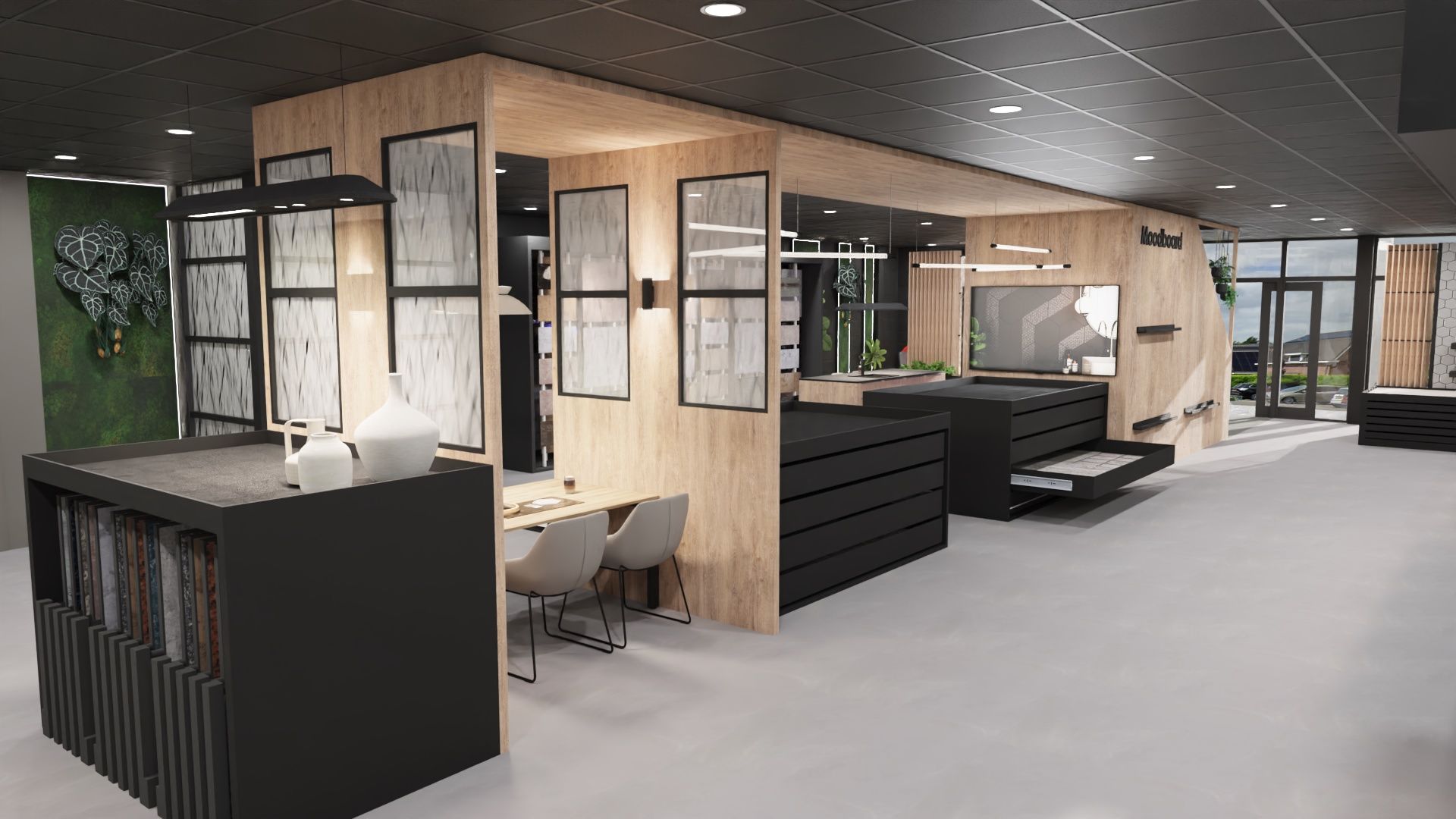 Modern kantoorinterieur met houten lambrisering, zwart meubilair en open werkplekken onder hanglampen.
