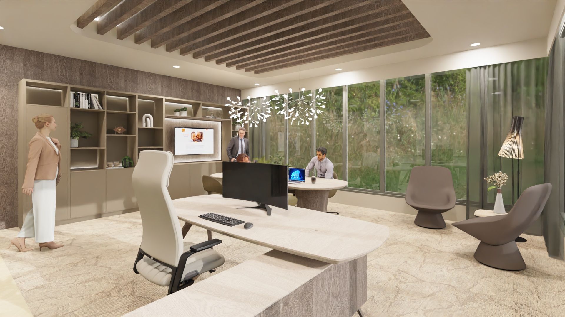 Moderne open kantoorruimte met bureaus, stoelen, grote ramen en twee werkplekken.