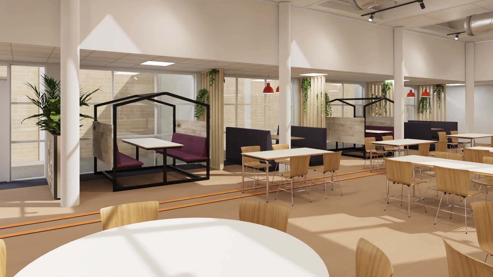 Modern open kantoor met bureaus, stoelen, glazen vergaderruimtes en paarse zitmeubelen onder helder natuurlijk licht.