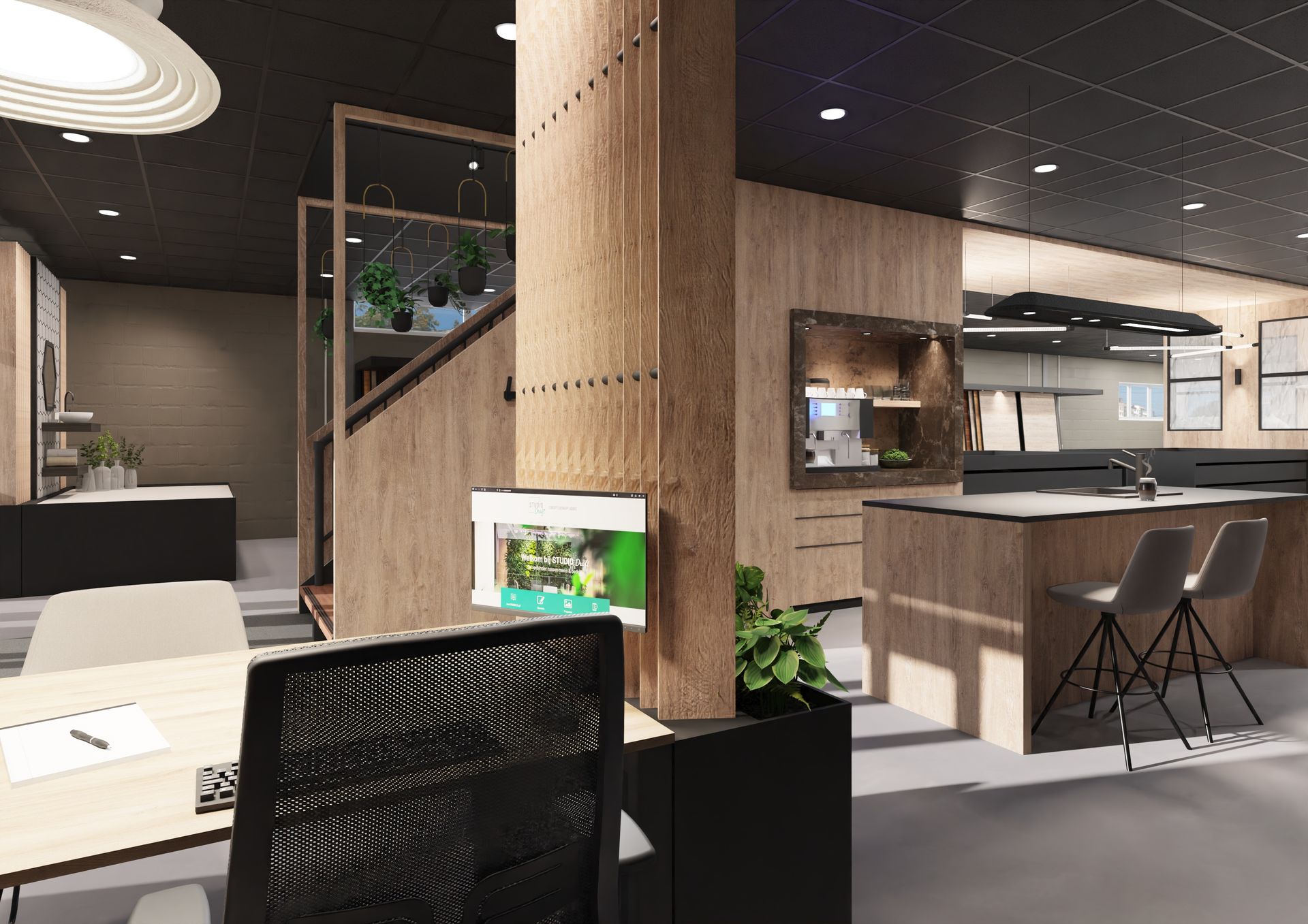Modern open showroom interieur met houten accenten, bureaus, stoelen en warme verlichting.