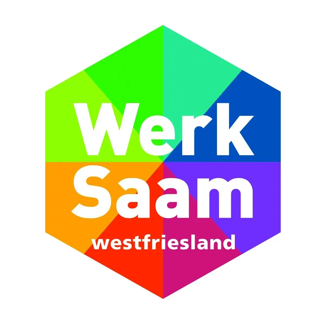 Kleurrijk zeshoekig logo met de tekst