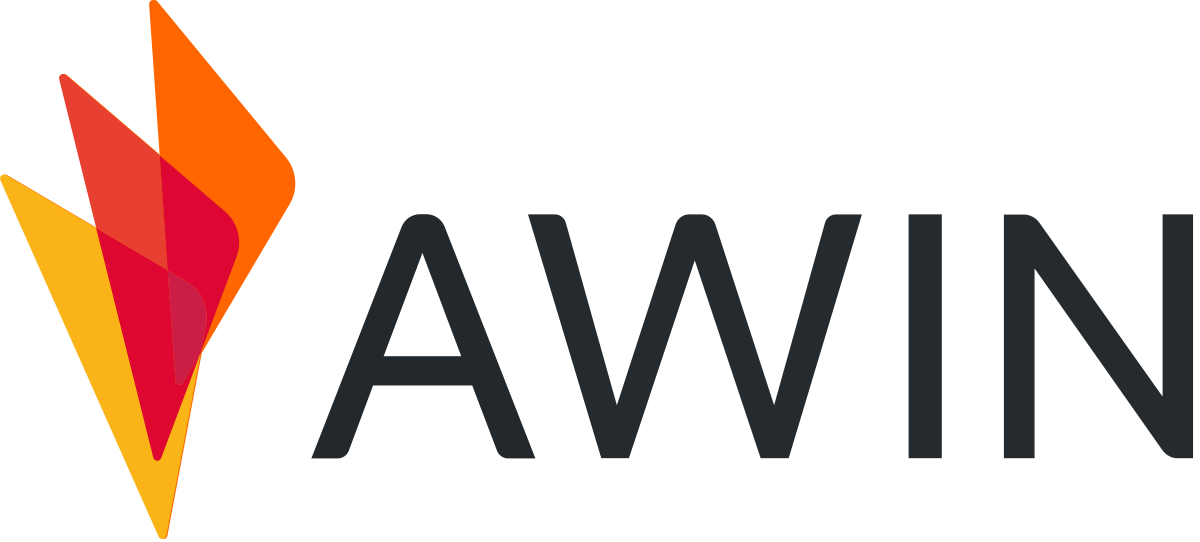 AWIN-logo met een abstract driehoekig teken in oranje en rood naast zwarte tekst