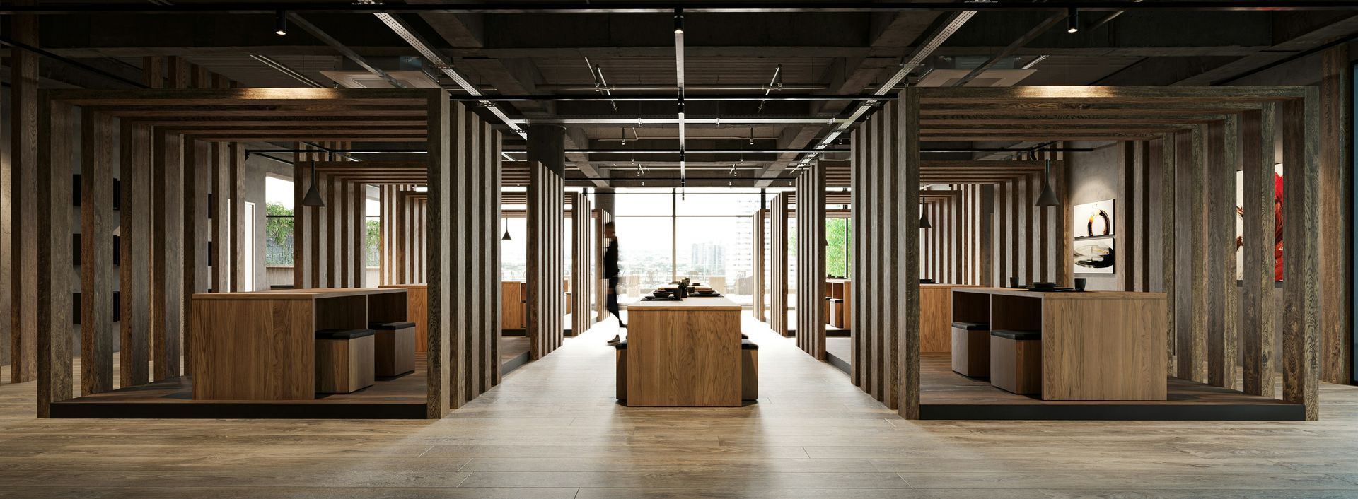 Moderne, open kantoorlobby met houten en metalen zitjes en een centrale tafel onder zichtbare balken.