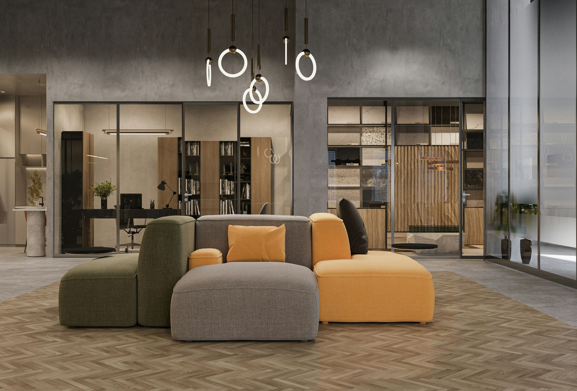 Moderne lounge met modulaire banken, een vloerkleed, hanglampen en glazen kantoorruimtes op de achtergrond.