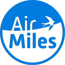 Het Air Miles-logo in blauw en wit met een gestileerde vliegtuigbeweging.