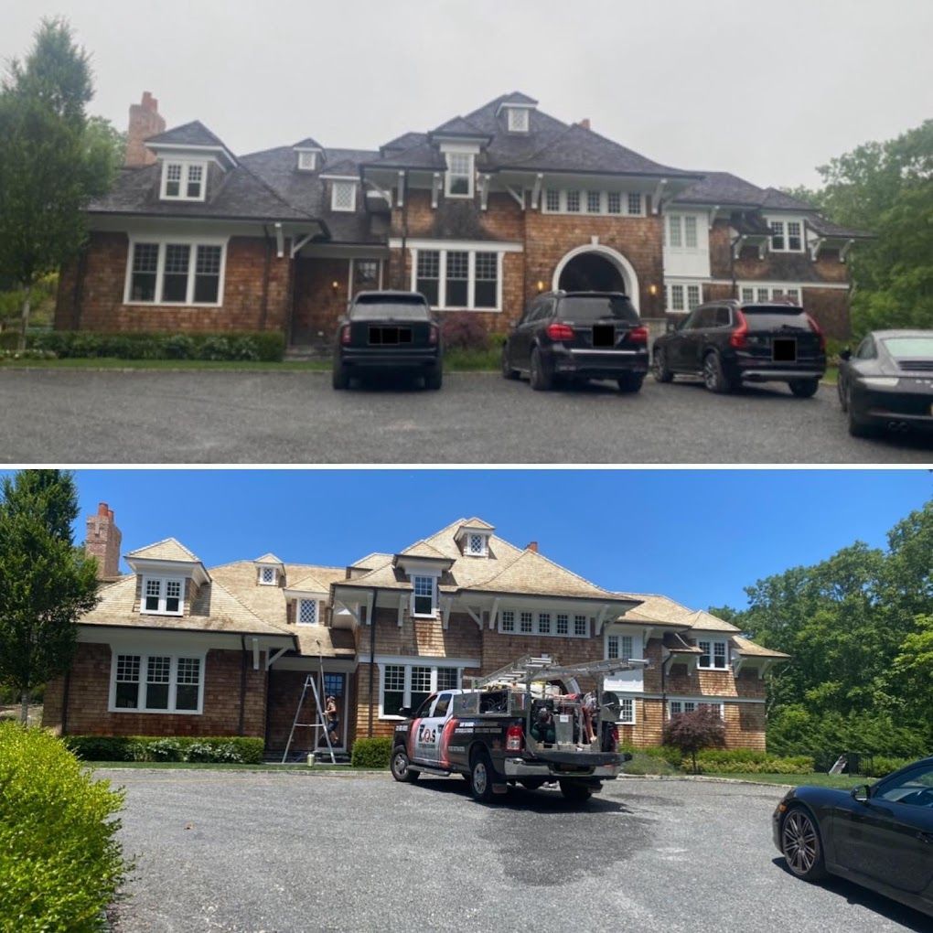 a before and after picture of a house with cars parked in front of it