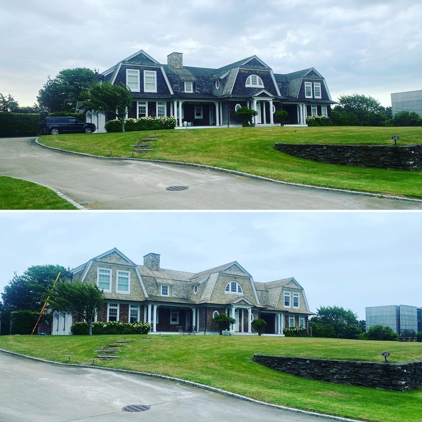 a before and after picture of a large house