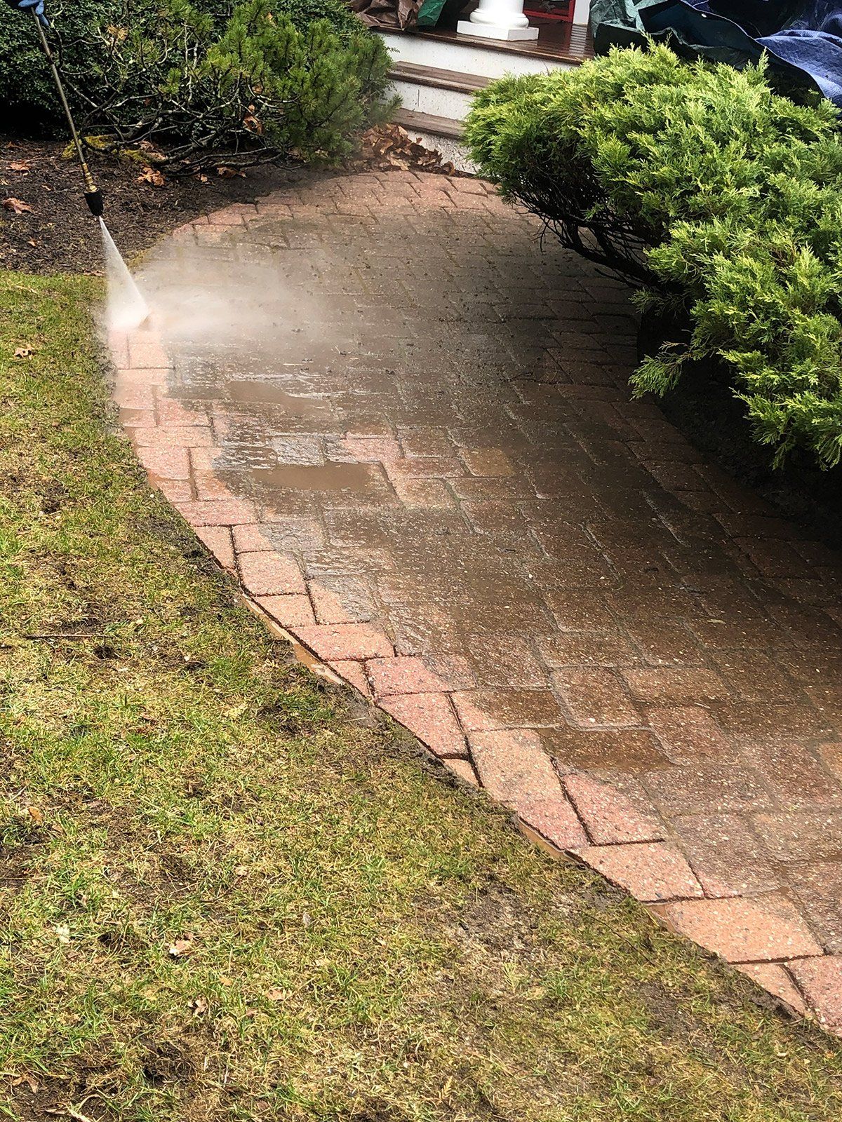 a person is cleaning a brick walkway with a pressure washer .