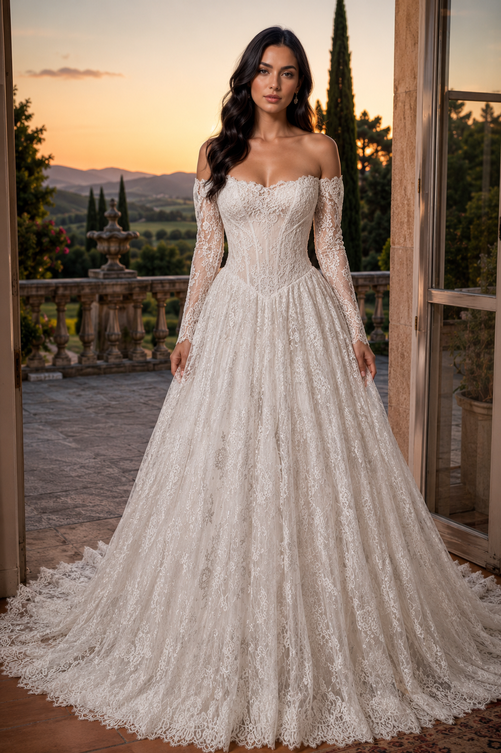 Bride in lace gown stands near a decorated table, back open, veil trailing. String lights and greenery in background.