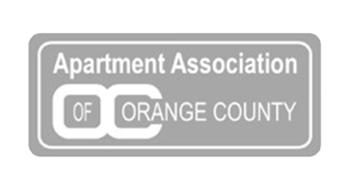 Apartment Association of Orange County logo: gray rectangle with text and stylized 