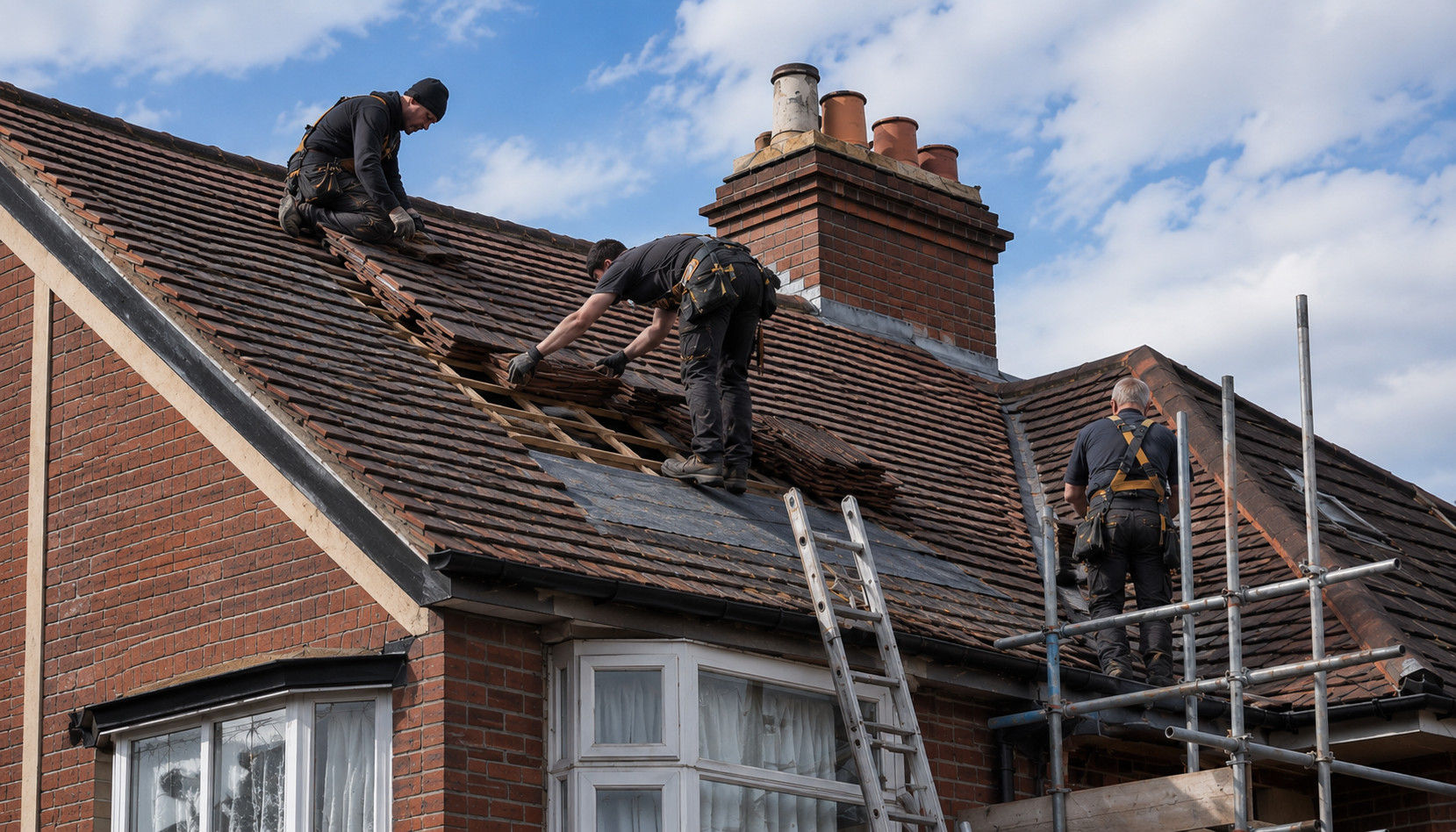 Workers repairing a damaged roof on a brick house with ladders and scaffolding