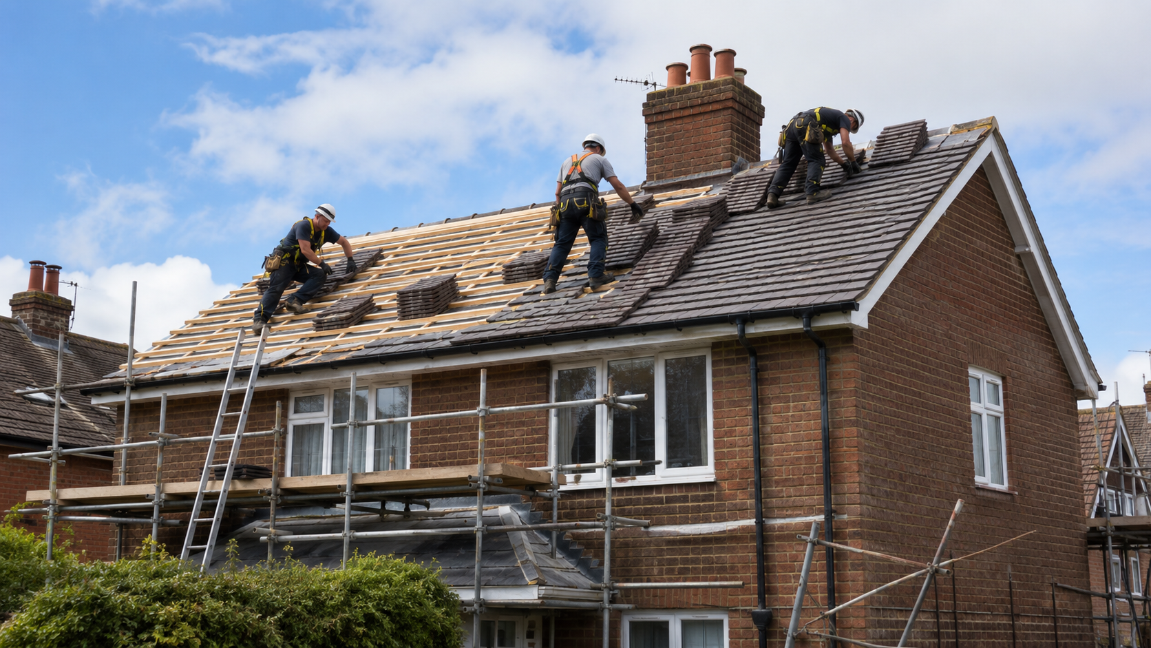 Workers repairing a brick house roof with ladders and scaffolding