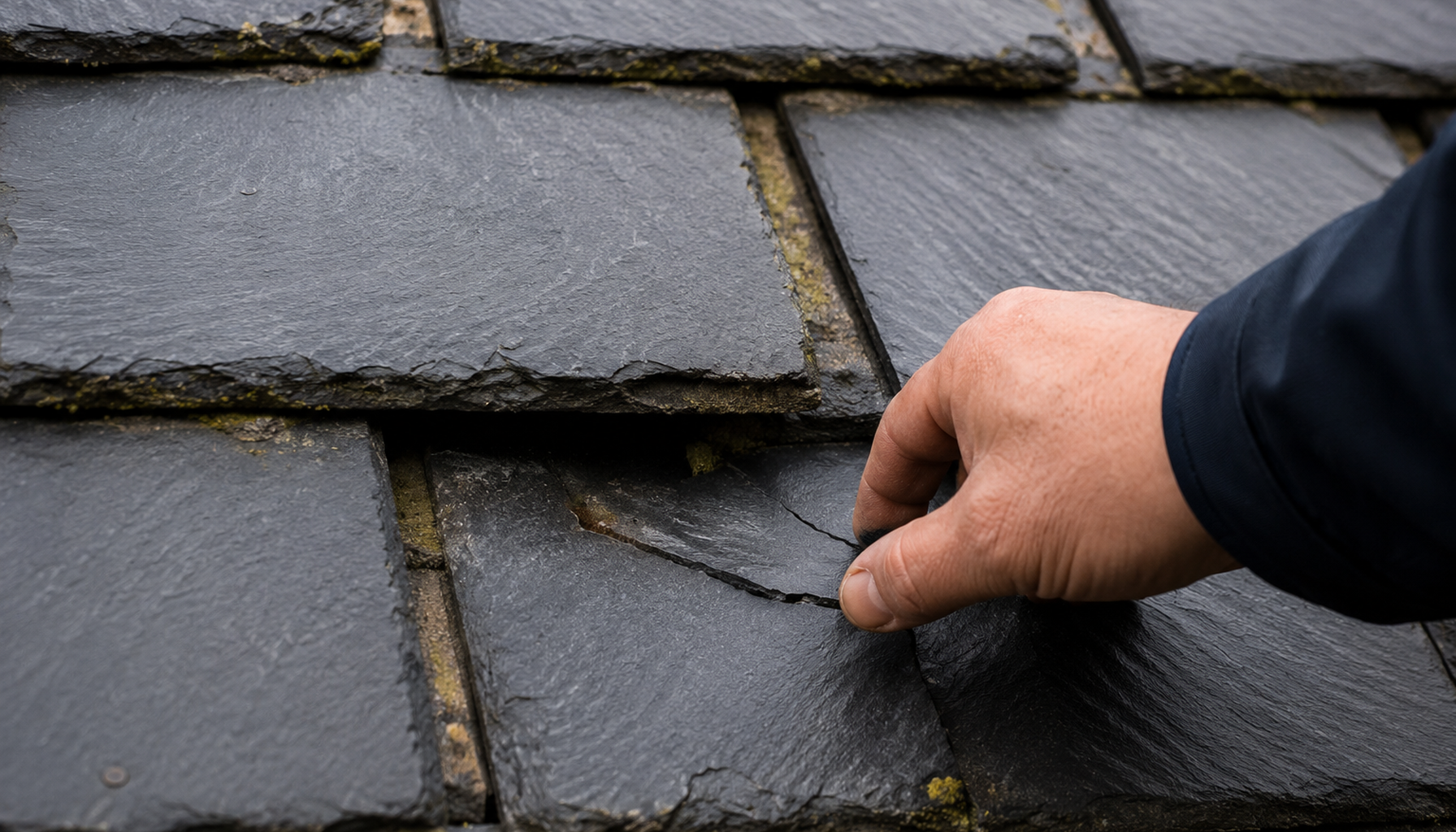 Hand inspecting a cracked gray slate roof tile outdoors