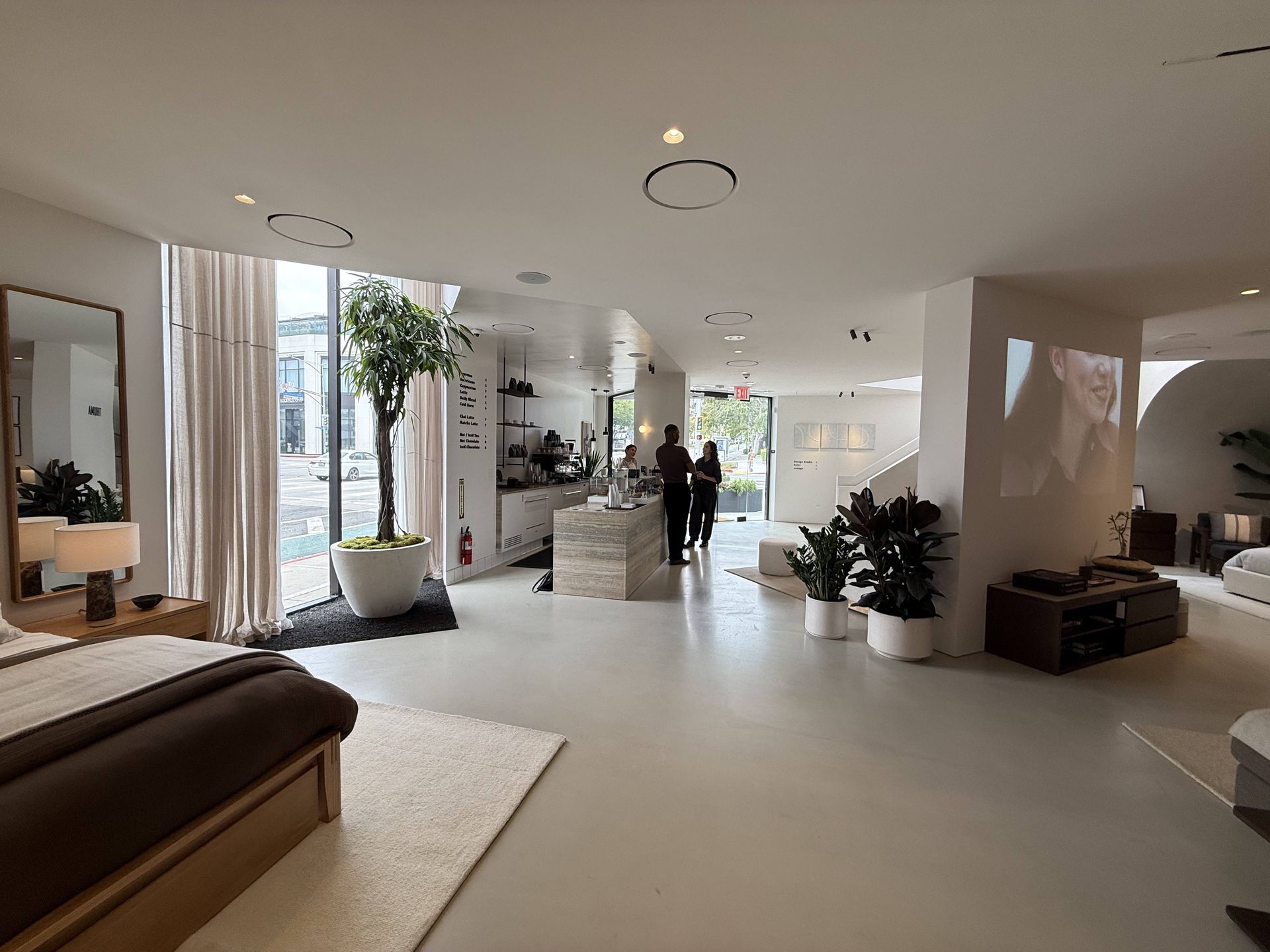 Bright, airy modern living space with plants, a sofa, and two people in the distance