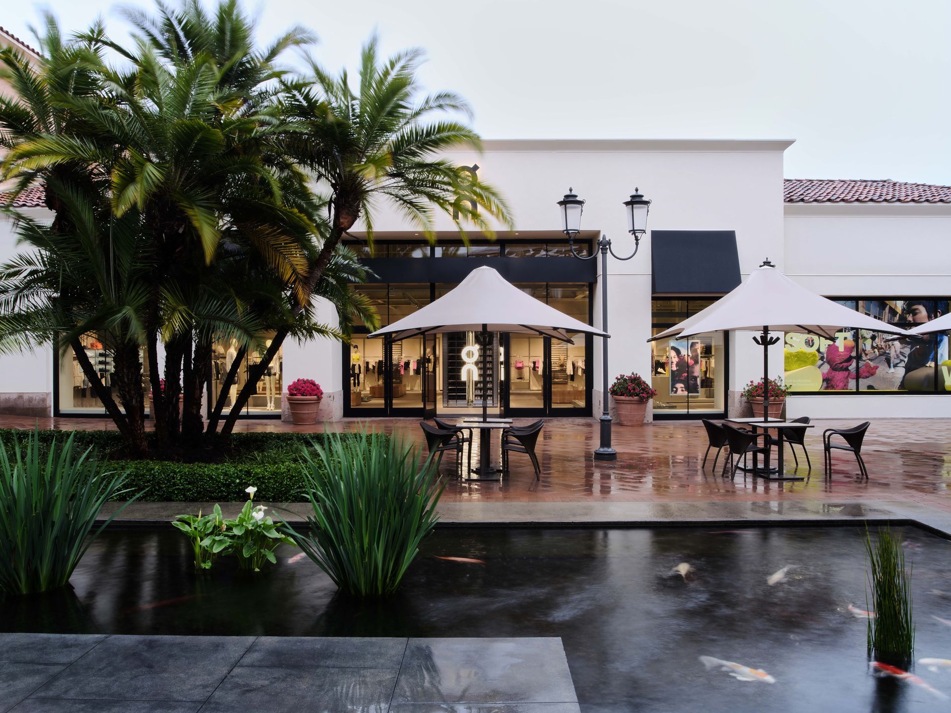 Rainy courtyard with palm trees, white building, and patio tables under umbrellas.