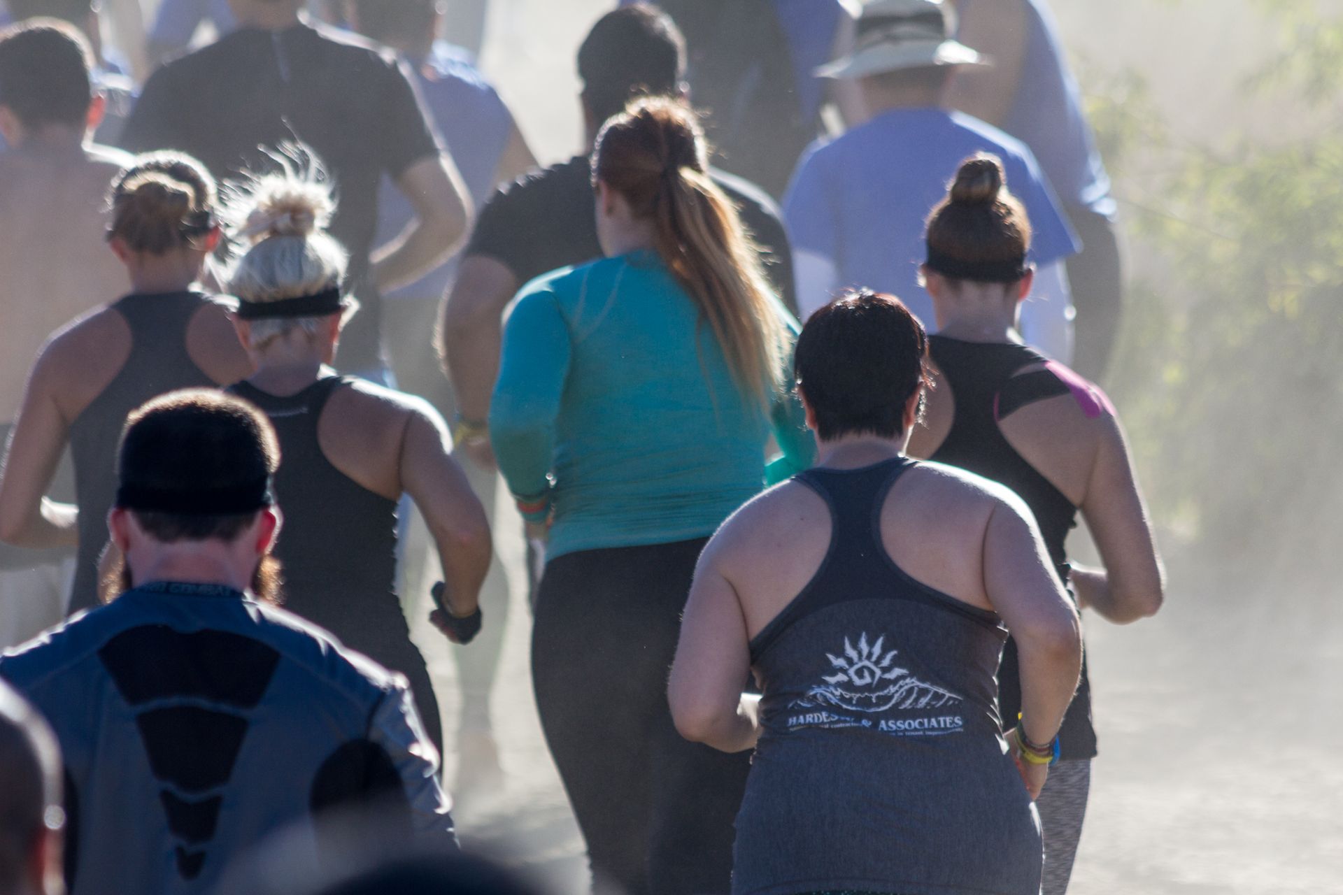 Group of runners seen from behind jogging outdoors in a dusty, sunlit setting