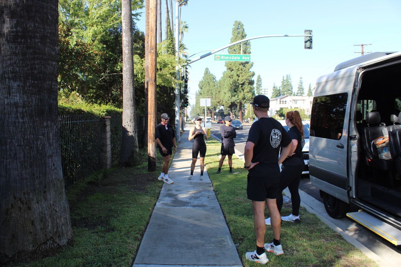 People walking on a sunny sidewalk beside parked vehicles and a tall hedge-lined street.