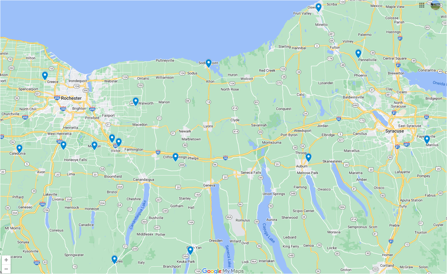 Map view of a green coastal region with roads, towns, and islands along the shoreline