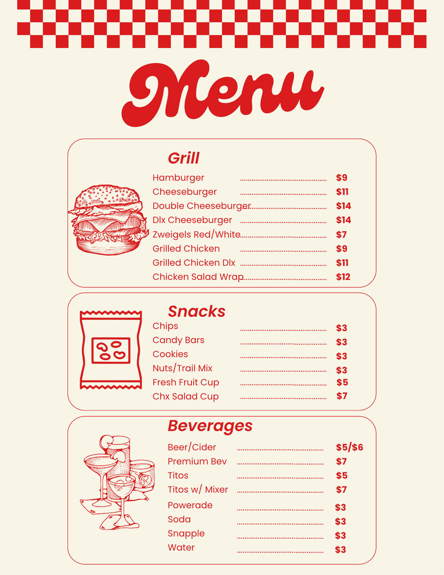 Retro red-and-cream restaurant menu with Grill, Snacks, and Beverages sections, illustrated with food icons.
